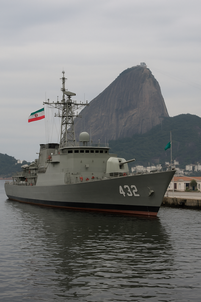 A ilustração representa um navio de guerra iraniano atracado no Porto do Rio de Janeiro, com base em fatos públicos amplamente documentados (visita dos navios IRIS Makran e IRIS Dena ao Brasil em fevereiro de 2023). Imagem gerada por inteligência artificial via ChatGPT (OpenAI), sob solicitação personalizada para fins jornalísticos.