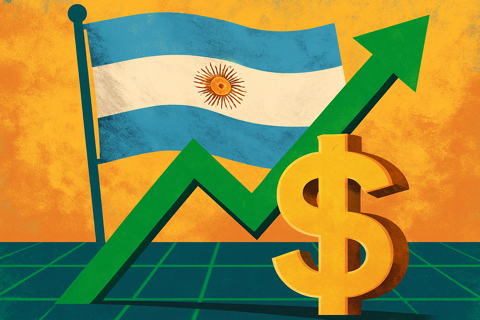 Ilustração digital em estilo flat mostra gráficos de crescimento econômico, com uma grande seta verde apontando para cima. Ao fundo, o mapa da Argentina em tons de azul e amarelo, com elementos visuais que remetem a economia, como moedas, prédios e dados estatísticos.